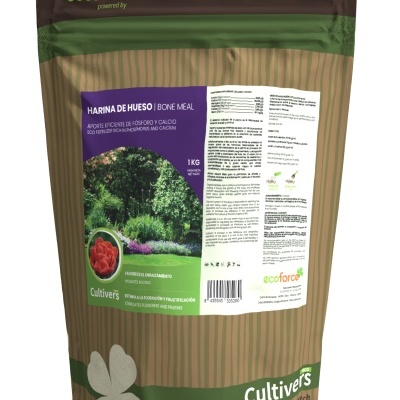 Embalagem de farinha de osso para jardim e horta, 1 kg, design castanho e verde