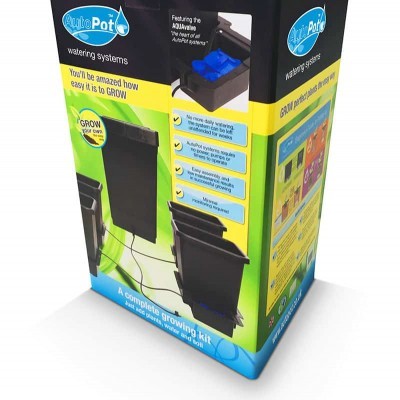 Caixa do kit completo AutoPot watering systems com imagens do sistema de rega automática e texto promocional.