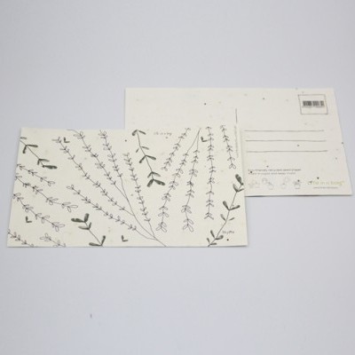 Dois postais com estampas de ramos e folhas e verso com linhas para endereço e código de barras