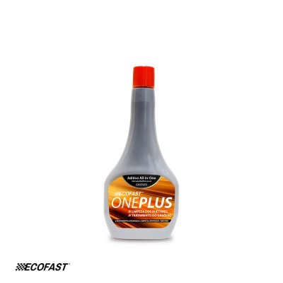 Frasco cinza com tampa vermelha e rótulo laranja ECOFAST ONEPLUS