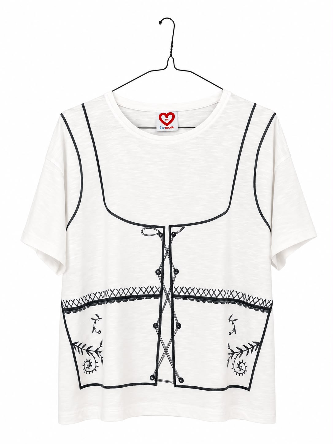 T-shirt "Colete" T-shirt branca com estampado a preto que simula um colete tradicional
