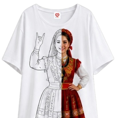 Camisola branca com estampa de mulher em traje tradicional metade desenhada e metade colorida
