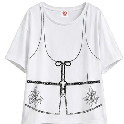 T-shirt branca manga curta com desenho de colete e flores a preto