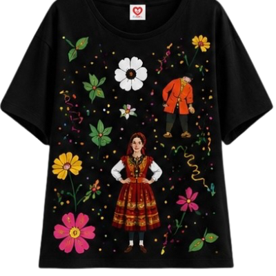 T-shirt preta com estampa colorida de flores e personagens tradicionais