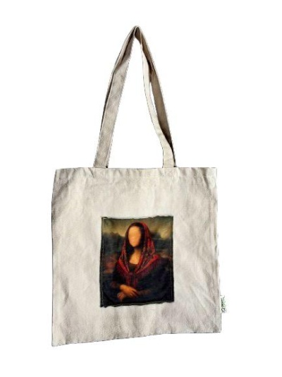 Saco de pano bege com estampa da Mona Lisa