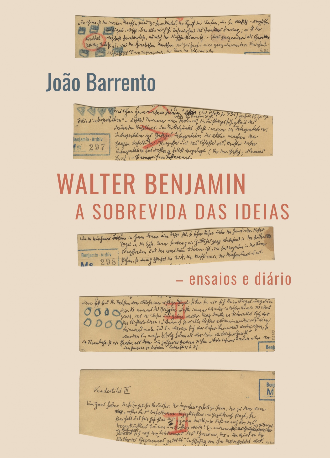 Walter Benjamin: A sobrevida das ideias – ensaios e diário, João Barrento Capa de livro com recortes manuscritos e texto em diferentes cores