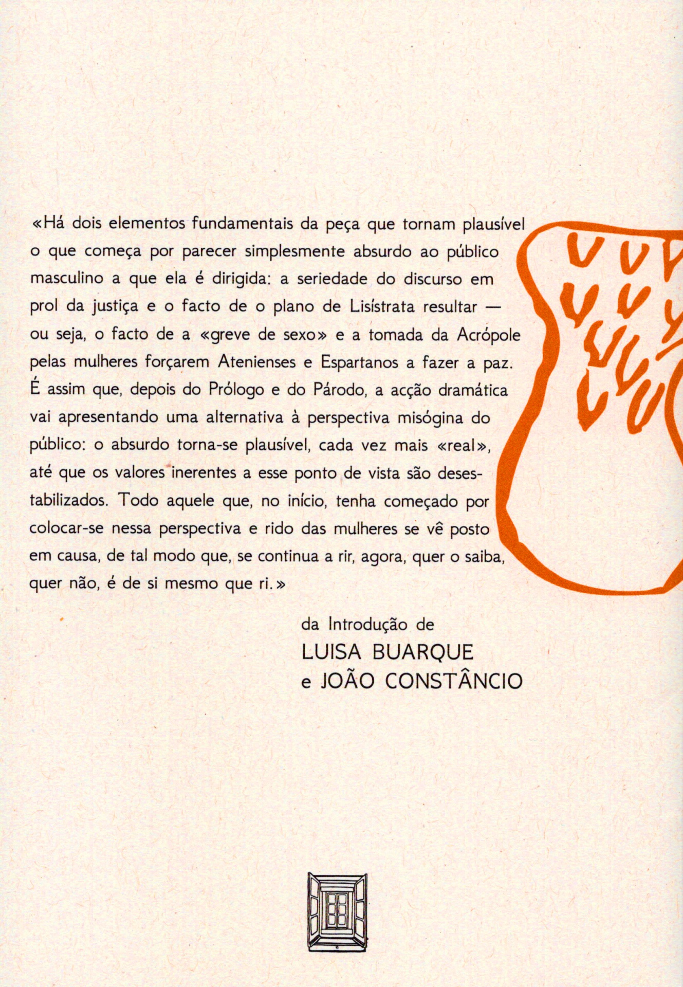 LISÍSTRATA, ARISTÓFANES Texto em português sobre a peça Lisístrata com ilustração abstrata laranja à direita