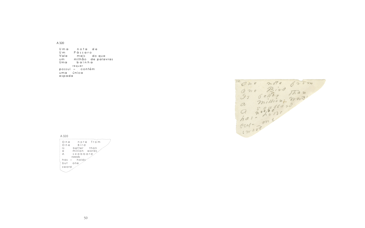 Três recortes de papel com textos impressos e manuscritos sobre fundo branco