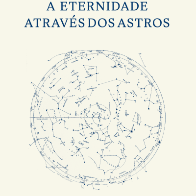 Capa de livro beige com título e mapa de constelações em azul