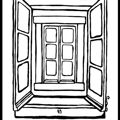 Janela de madeira tradicional com janelas internas fechadas e externas abertas