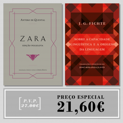 Dois livros, um cinza com moldura e texto, outro vermelho com texto e etiqueta de preço especial.