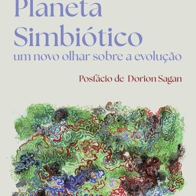 Capa de livro 'Planeta Simbiótico' com ilustração abstrata colorida
