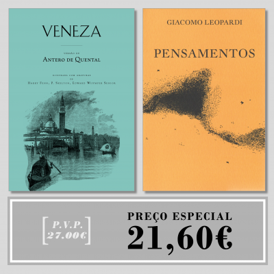 Dois livros, um azul com título VENEZA e outro laranja com título PENSAMENTOS, e uma etiqueta cinzenta com preço especial 21,60€.