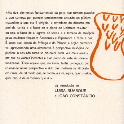 Texto em português sobre a peça Lisístrata com ilustração abstrata laranja à direita