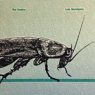 Ilustração de inseto preto sobre fundo verde claro com pontos, nomes Rui Caeiro e Luís Henriques
