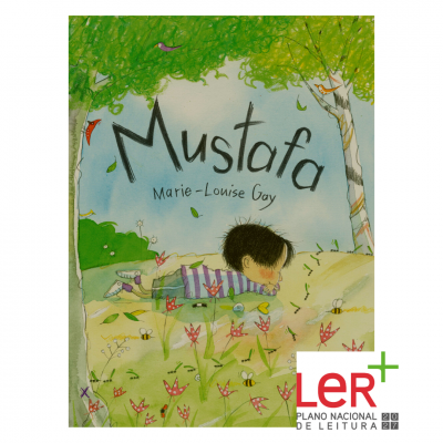 Capa do livro infantil Mustafa com ilustração de criança na relva
