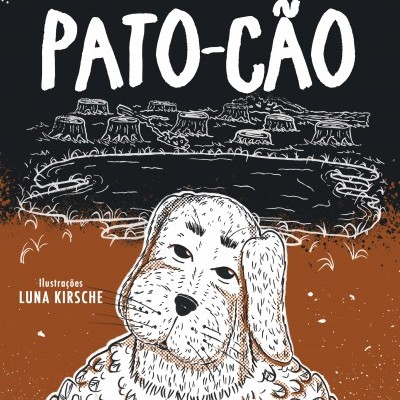 Capa do livro Pato-Cão com ilustração de animal e lago em fundo castanho e preto