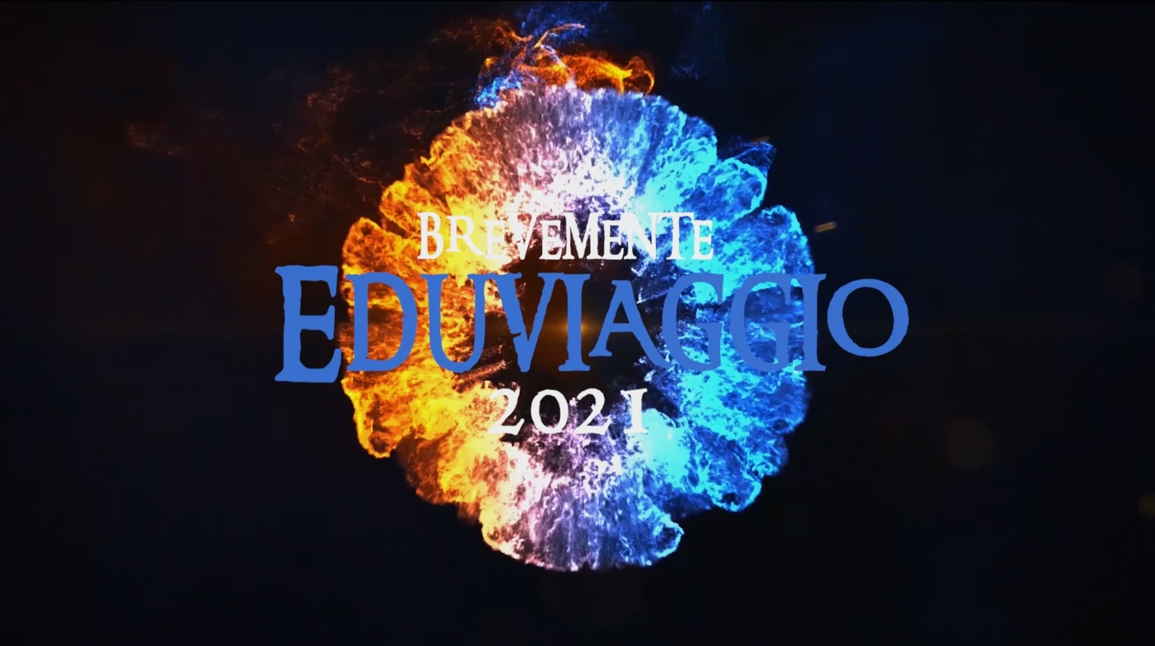 Efeito visual laranja e azul com texto EDUVIAGGIO 2021 em fundo escuro