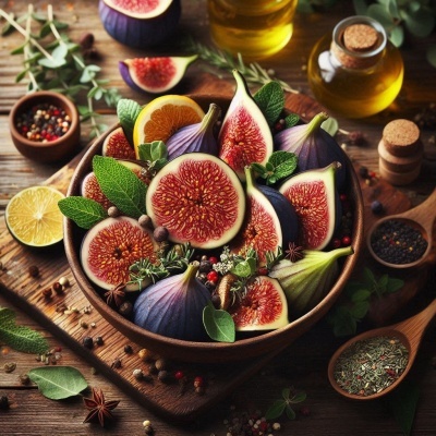 Tigela com figos cortados, limão e especiarias em superfície de madeira