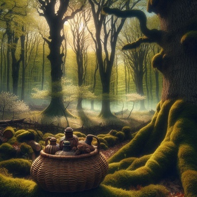 Cesta de vime com frascos em floresta com árvore e musgo