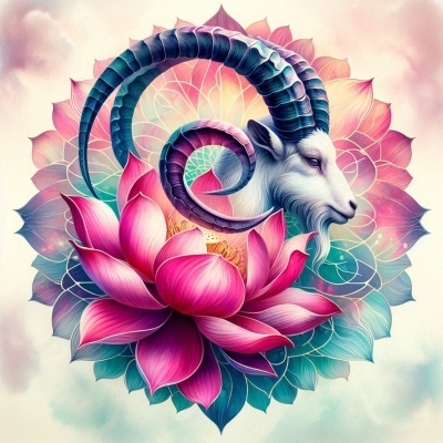 Cabeça de cabra com chifres azuis entre flores de lótus cor-de-rosa e folhas verdes em mandala colorida