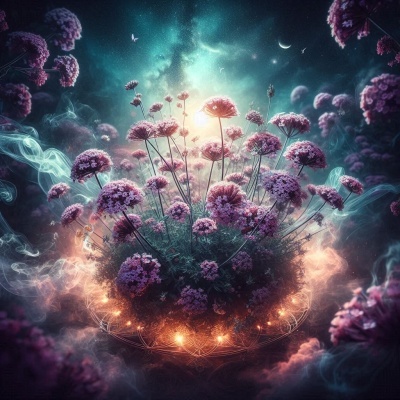 Flores roxas iluminadas por luzes num fundo nebuloso azul e estrelas