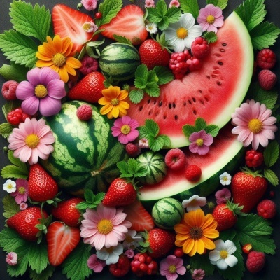 Frutas frescas e flores coloridas sobre fundo escuro.