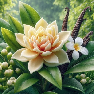 Composição natural de flor creme, folhas verdes, vagens de baunilha e pequenas flores brancas