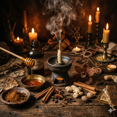 Vela de incenso fumegante, frasco de mel silvestre, especiarias e velas acesas numa mesa de madeira