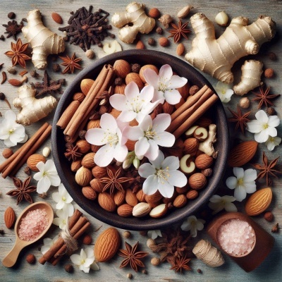 Ingredientes naturais organizados em tigela e superfície com flores brancas