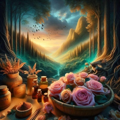 Cesto com rosas rosas, frascos de vidro, potes de cerâmica, e paisagem natural com árvores e montanhas ao pôr do sol