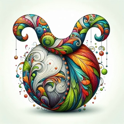 Forma abstrata colorida com padrões e esferas suspensas