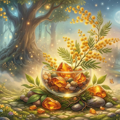 Vaso de vidro com pedras âmbar e flores amarelas numa floresta mágica à noite