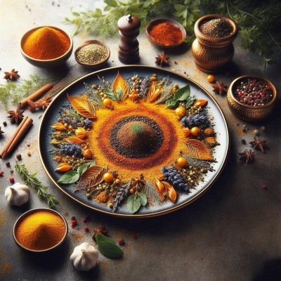 Prato decorativo com especiarias coloridas e tigelas ao redor