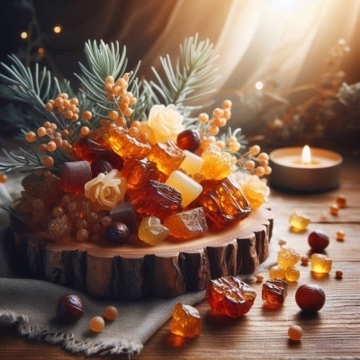 Doces translúcidos âmbar e decoração natural em fatia de madeira, vela acesa ao fundo