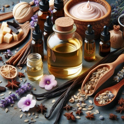 Frascos de óleo essencial, flores roxas, paus de canela, sementes e creme rosa em superfície cinza