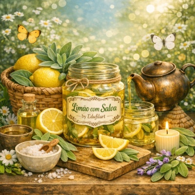 Frascos de vidro com infusão de limão e salva, limões frescos, recipiente e tigela antigos, vela acesa, flores e folhas verdes ao ar livre.