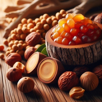 Caviar de salmão em recipiente de madeira com nozes ao redor