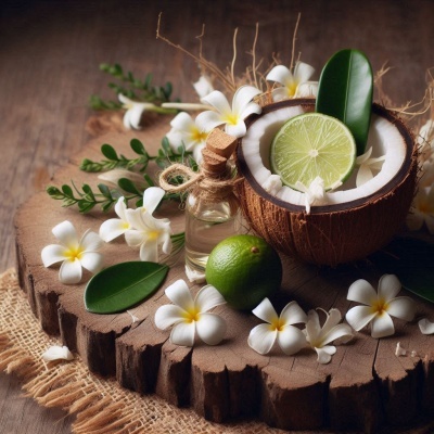 Conjunto decorativo com coco, lima, flores brancas e amarelas e garrafinha de vidro sobre madeira rústica