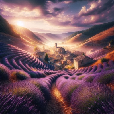 Paisagem de campo de lavanda com aldeia e colinas ao pôr do sol