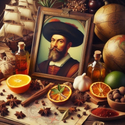 Retrato emoldurado e especiarias sobre mapa antigo com globos ao fundo