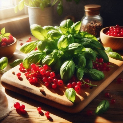 Manjericão fresco com bagas vermelhas numa tábua de madeira