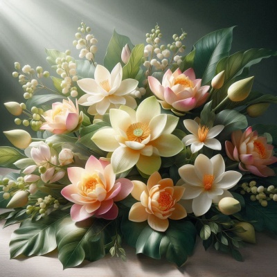 Arranjo de flores creme e rosa com folhas verdes e bagas brancas