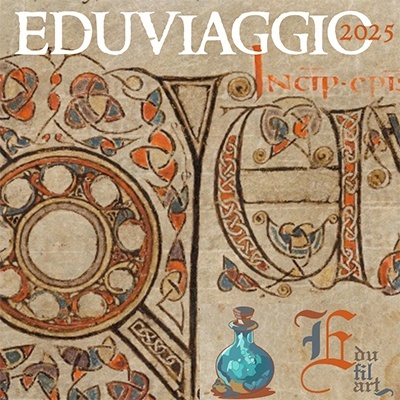 Capa com texto EDUVIAGGIO 2025 e decoração artística antiga em castanho, laranja e azul.