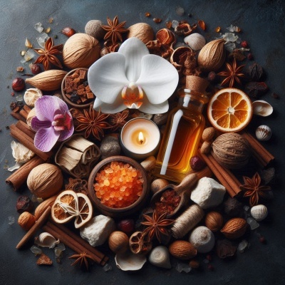 Produtos naturais para aromaterapia com flores, nozes, vela e óleo perfumado