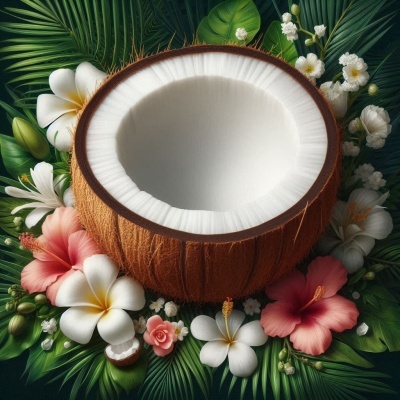 Meia casca de coco rodeada por folhas e flores tropicais