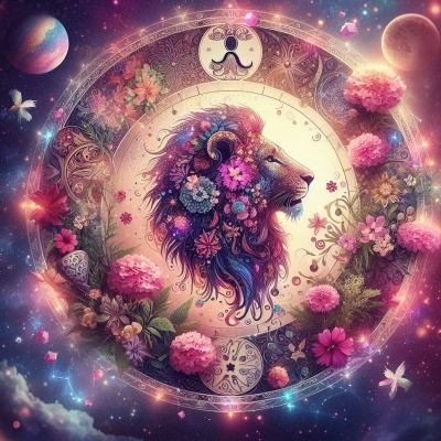 Arte digital de leão rodeado por flores e elementos astrológicos em fundo roxo.