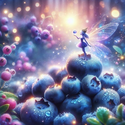 Fada lilás sobre mirtilos com gotas e luzes de fundo