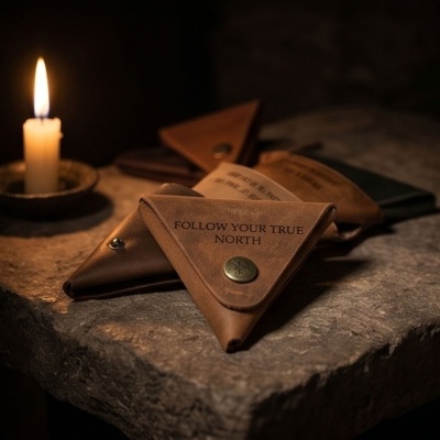 Porta-moedas triangulares de couro castanho com botão metálico e vela acesa em suporte sobre pedra