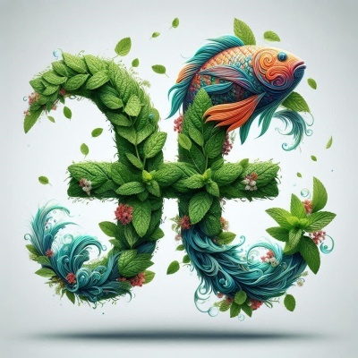 Símbolo decorado com folhas, flores, ondas azuis e um peixe colorido